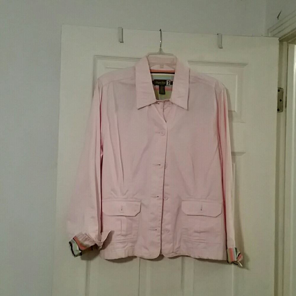 Sugar Reef pink denim jacket w/ multi color cuffs